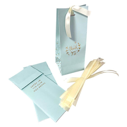 Pungă înaltă cu mesaj Thank you și panglică pentru închidere - bleu (set 50 buc) - 8x9.5x23cm