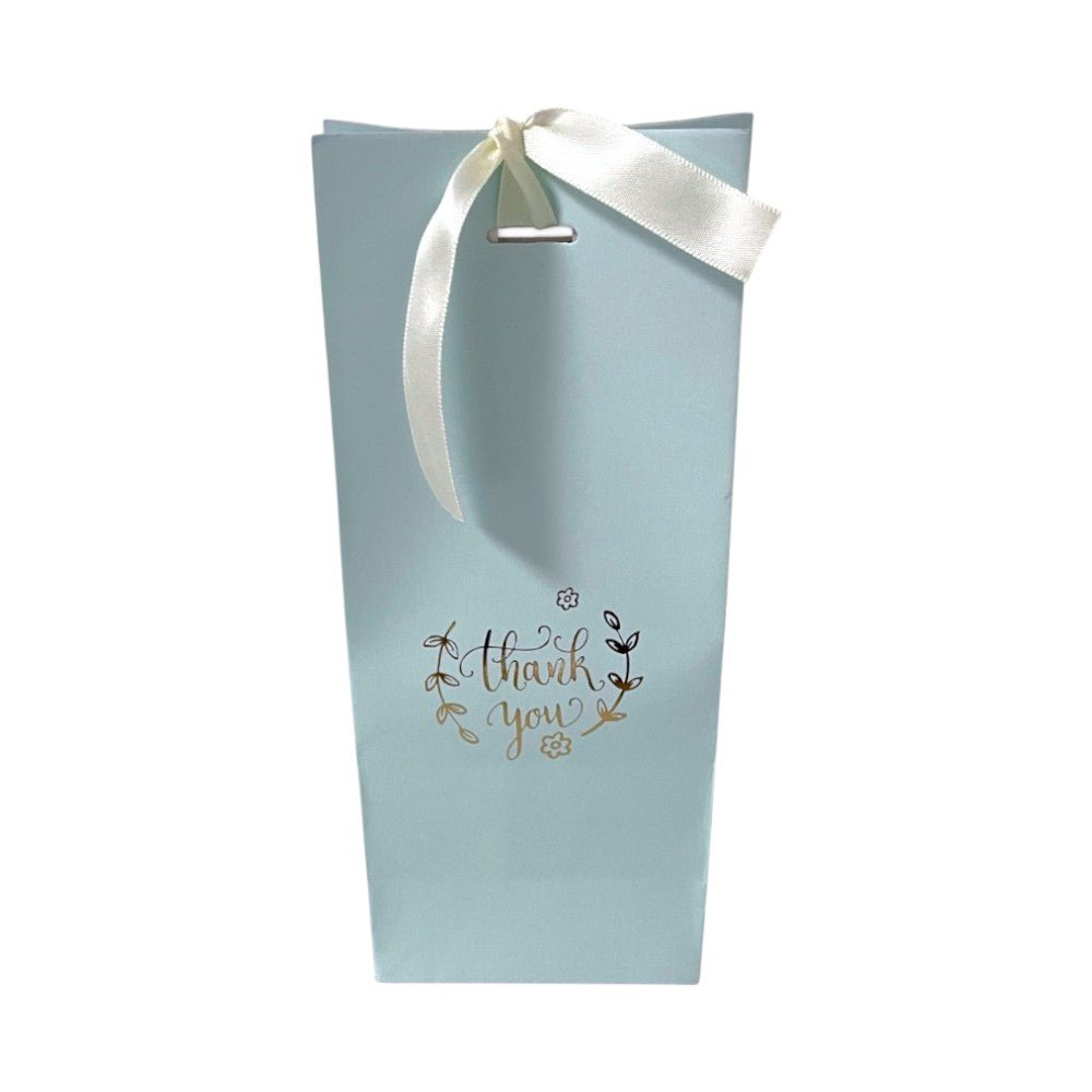 Pungă înaltă cu mesaj Thank you și panglică pentru închidere - bleu (set 50 buc) - 8x9.5x23cm