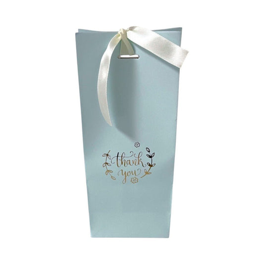 Pungă înaltă cu mesaj Thank you și panglică pentru închidere - bleu (set 50 buc) - 8x9.5x23cm