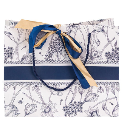 Pungă model floral cu 2 panglici colorate și mâner din sfoară - albastru (set 10 buc) 25x12x20cm