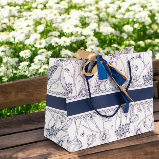 Pungă model floral cu 2 panglici colorate și mâner din sfoară - albastru (set 10 buc) 25x12x20cm