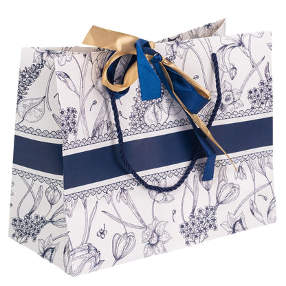 Pungă model floral cu 2 panglici colorate și mâner din sfoară - albastru (set 10 buc) 25x12x20cm