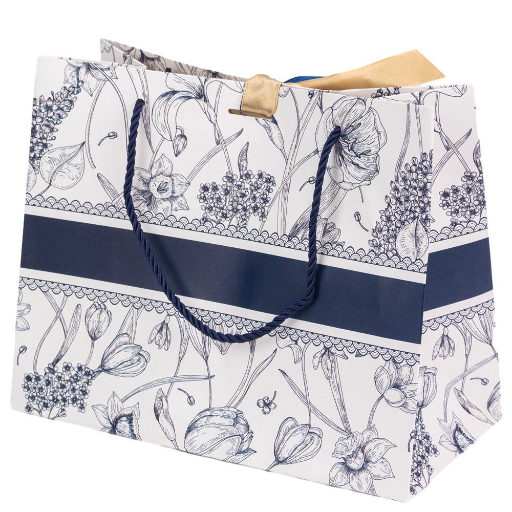 Pungă model floral cu 2 panglici colorate și mâner din sfoară - albastru (set 10 buc) 25x12x20cm