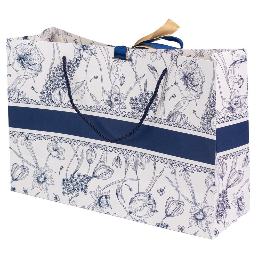 Pungă model floral cu 2 panglici colorate și mâner din sfoară - albastru (set 10 buc) 36x12x24cm