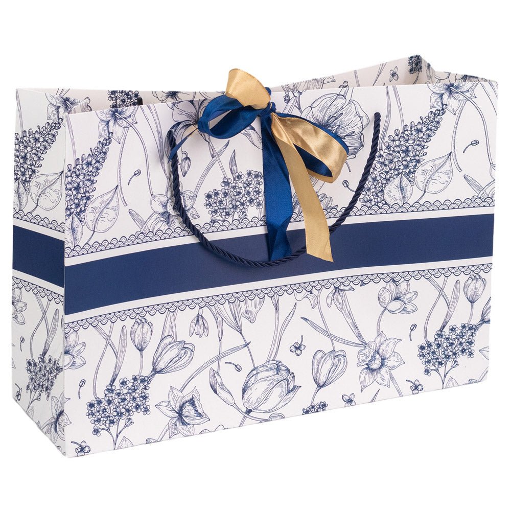 Pungă model floral cu 2 panglici colorate și mâner din sfoară - albastru (set 10 buc) 36x12x24cm