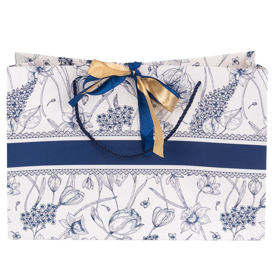 Pungă model floral cu 2 panglici colorate și mâner din sfoară - albastru (set 10 buc) 36x12x24cm