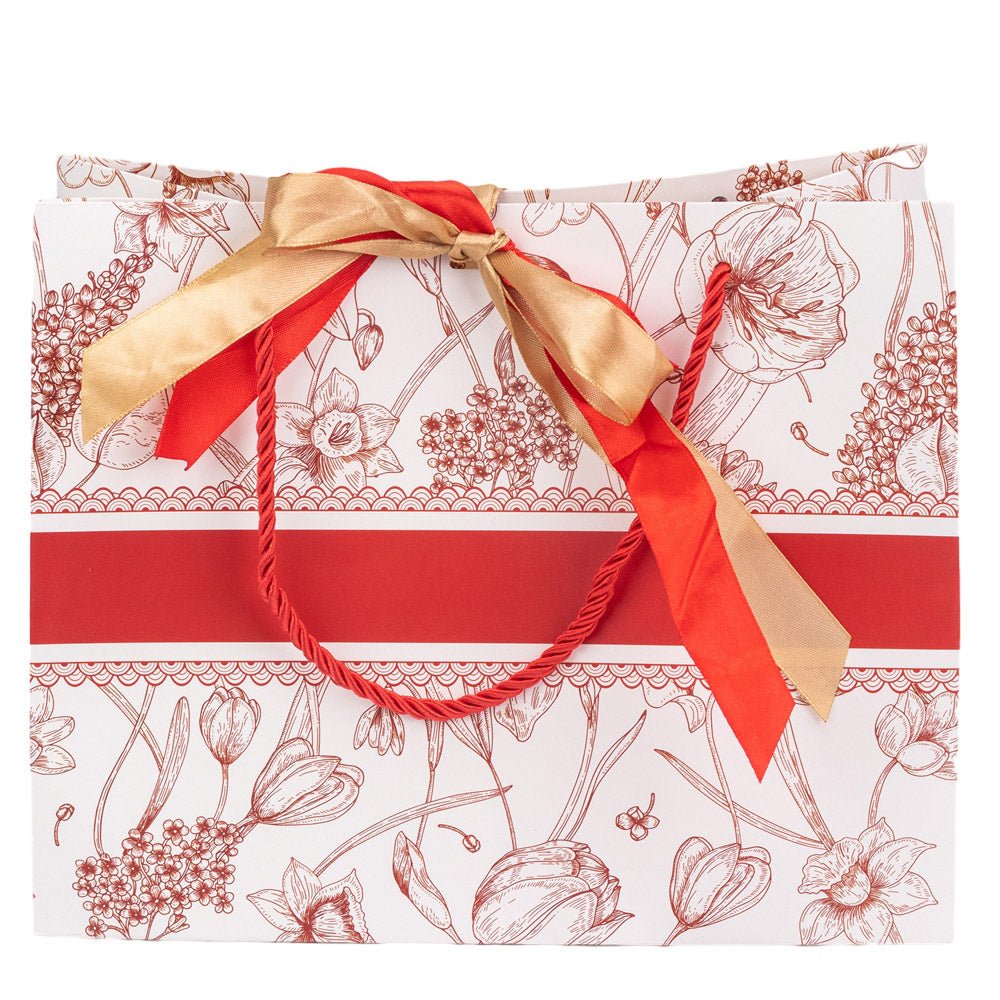 Pungă model floral cu 2 panglici colorate și mâner din sfoară - roșu (set 10 buc) 25x12x20cm