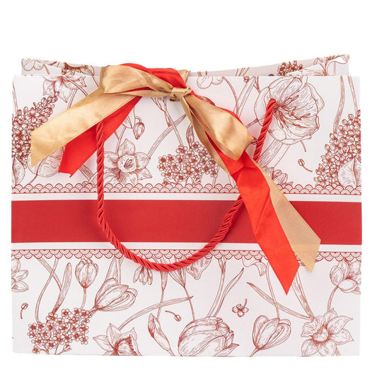 Pungă model floral cu 2 panglici colorate și mâner din sfoară - roșu (set 10 buc) 25x12x20cm