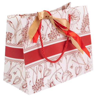 Pungă model floral cu 2 panglici colorate și mâner din sfoară - roșu (set 10 buc) 25x12x20cm