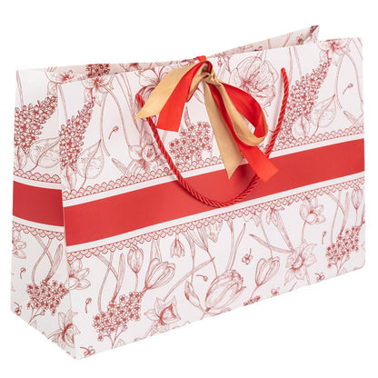 Pungă model floral cu 2 panglici colorate și mâner din sfoară - roșu (set 10 buc) 36x12x24cm