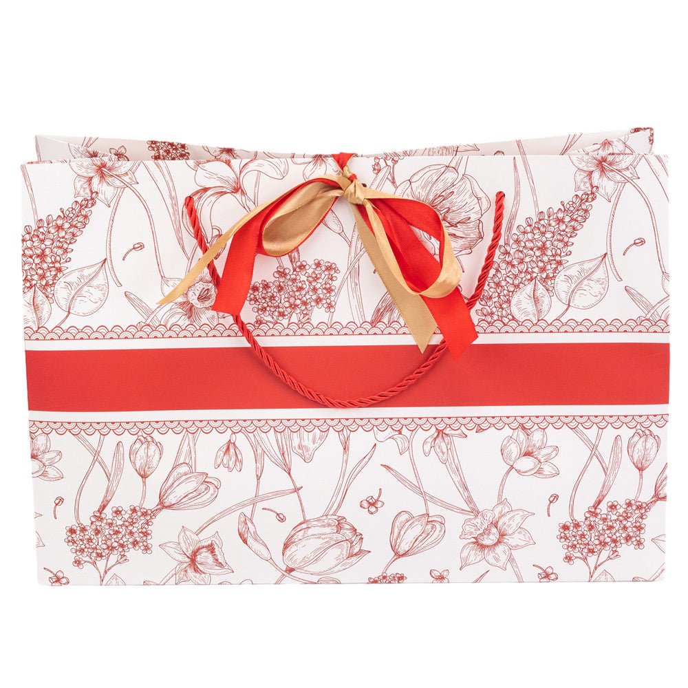 Pungă model floral cu 2 panglici colorate și mâner din sfoară - roșu (set 10 buc) 36x12x24cm