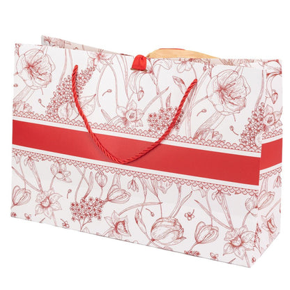 Pungă model floral cu 2 panglici colorate și mâner din sfoară - roșu (set 10 buc) 36x12x24cm