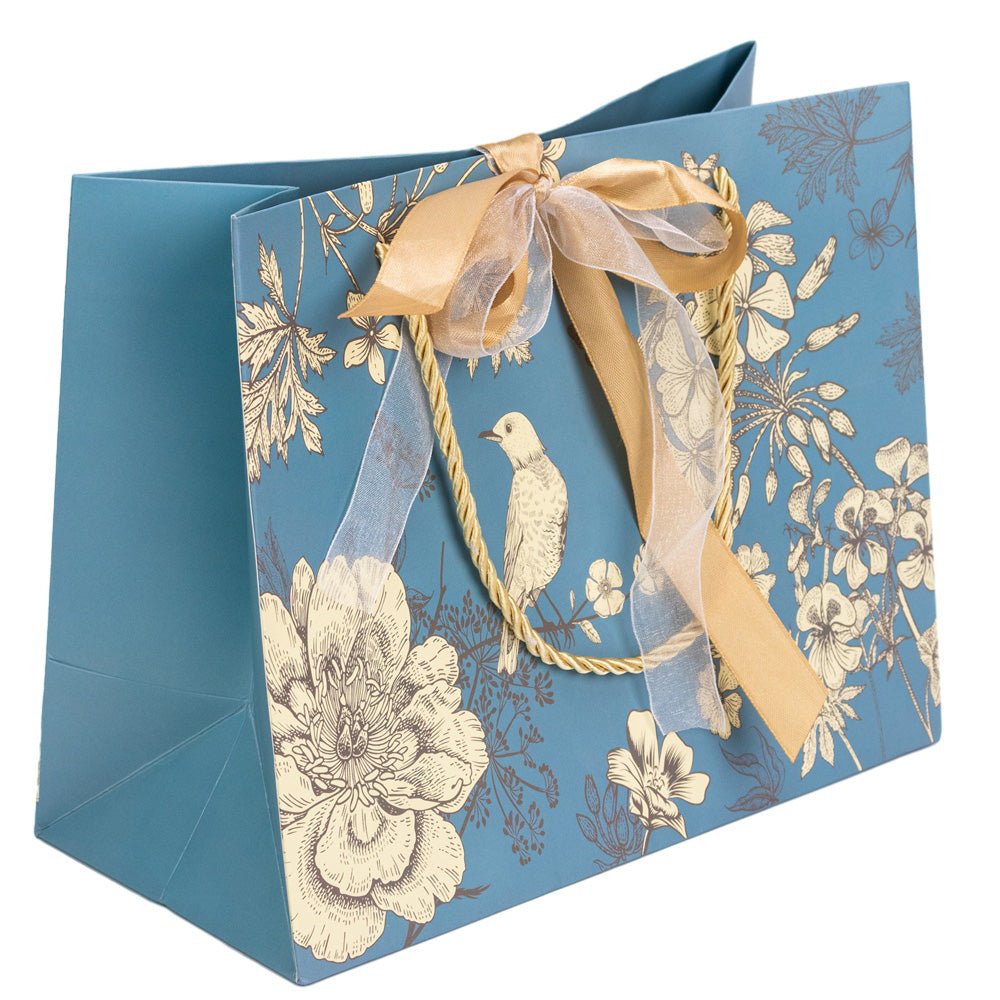 Pungă model floral cu 2 panglici colorate și mâner din sfoară - turcoaz (set 10 buc) 25x12x20cm