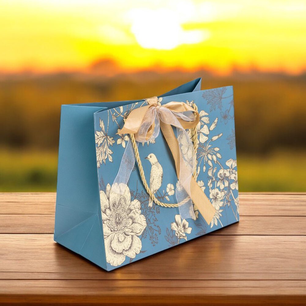 Pungă model floral cu 2 panglici colorate și mâner din sfoară - turcoaz (set 10 buc) 25x12x20cm