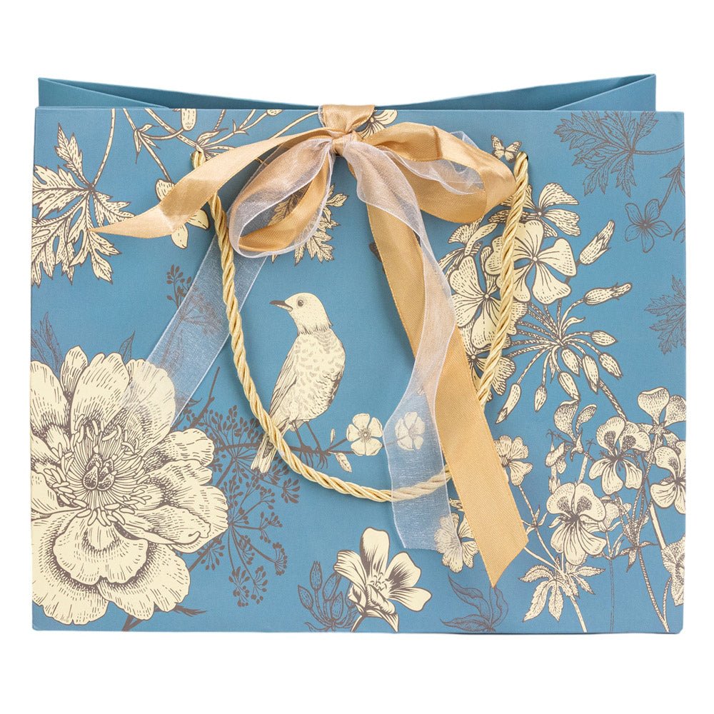Pungă model floral cu 2 panglici colorate și mâner din sfoară - turcoaz (set 10 buc) 25x12x20cm