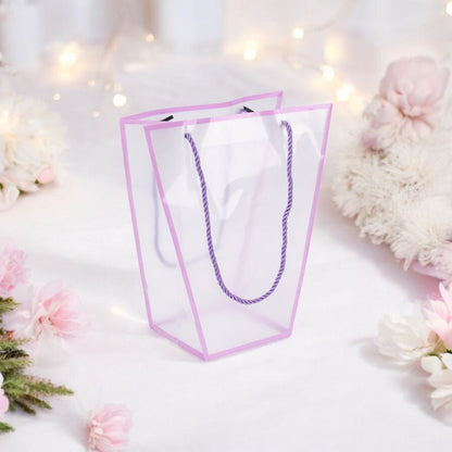 Pungă trapez din plastic cu mânere din sfoară - mov (set 10 buc) 26x24x12cm