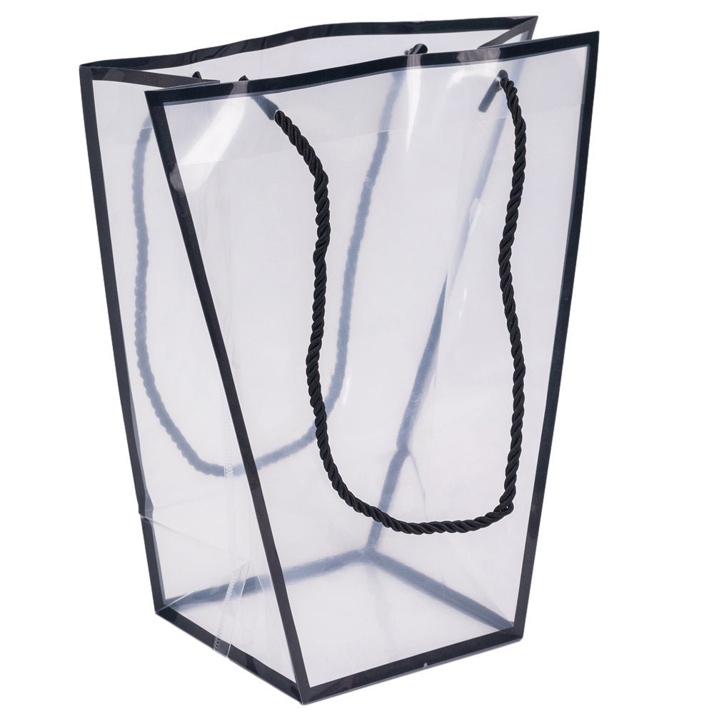 Pungă trapez din plastic cu mânere din sfoară - negru (set 10 buc) 26x24x12cm