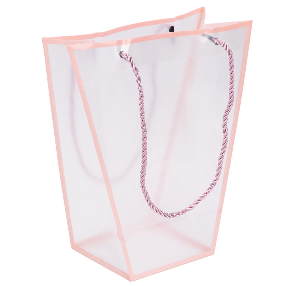 Pungă trapez din plastic cu mânere din sfoară - roz (set 10 buc) 26x24x12cm