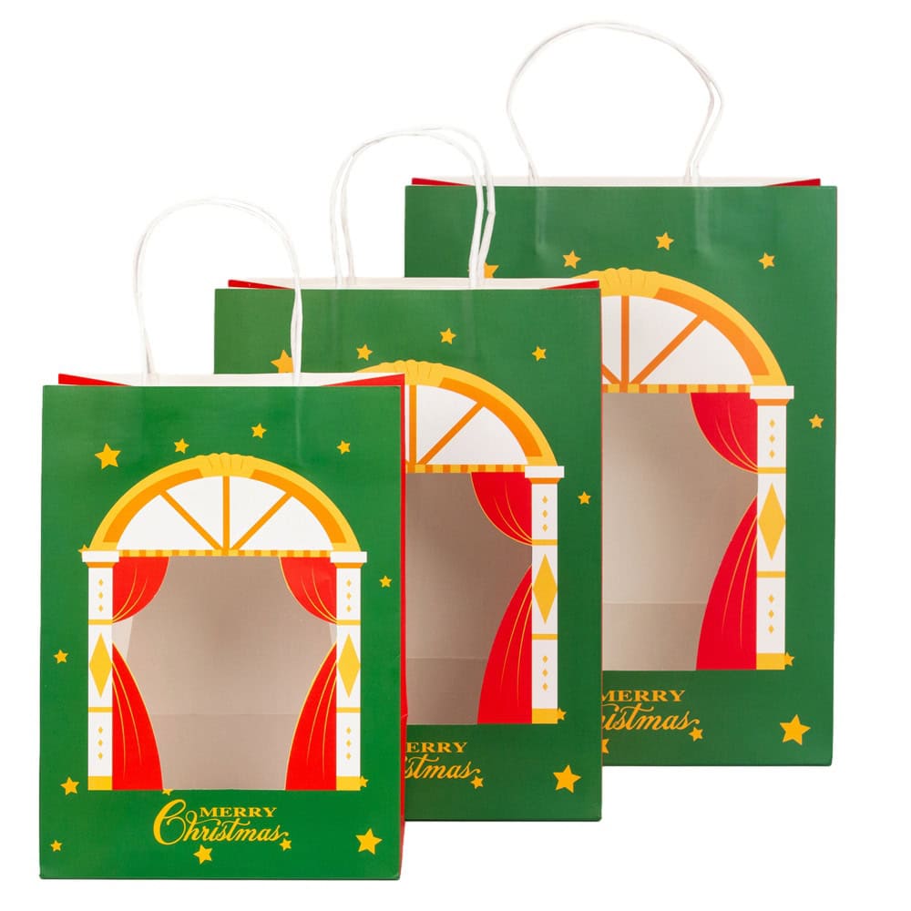 Pungi cadou Crăciun fericit cu fereastră mix 4 tipare diferite - model 10 (set 12 buc)