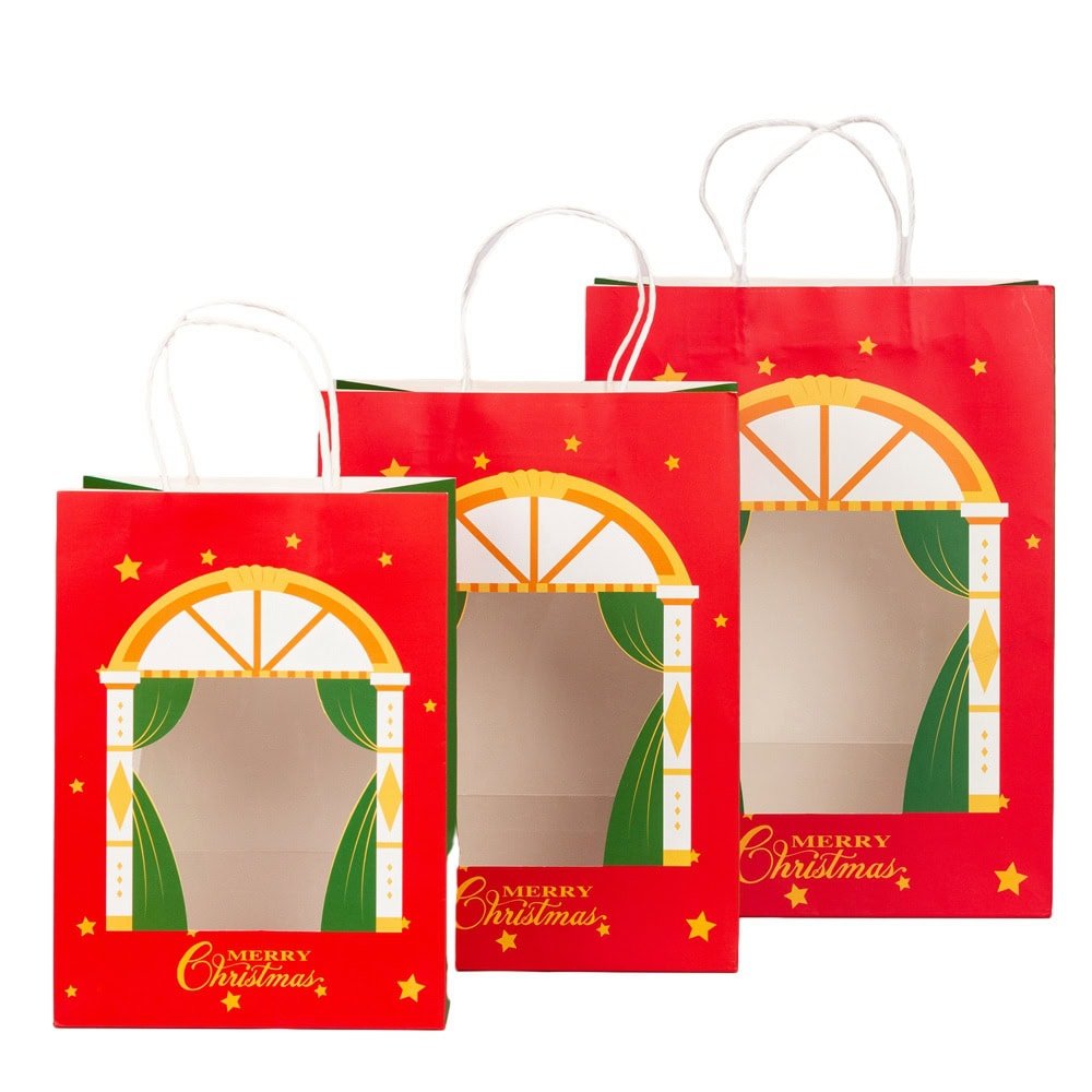 Pungi cadou Crăciun fericit cu fereastră mix 4 tipare diferite - model 10 (set 12 buc)
