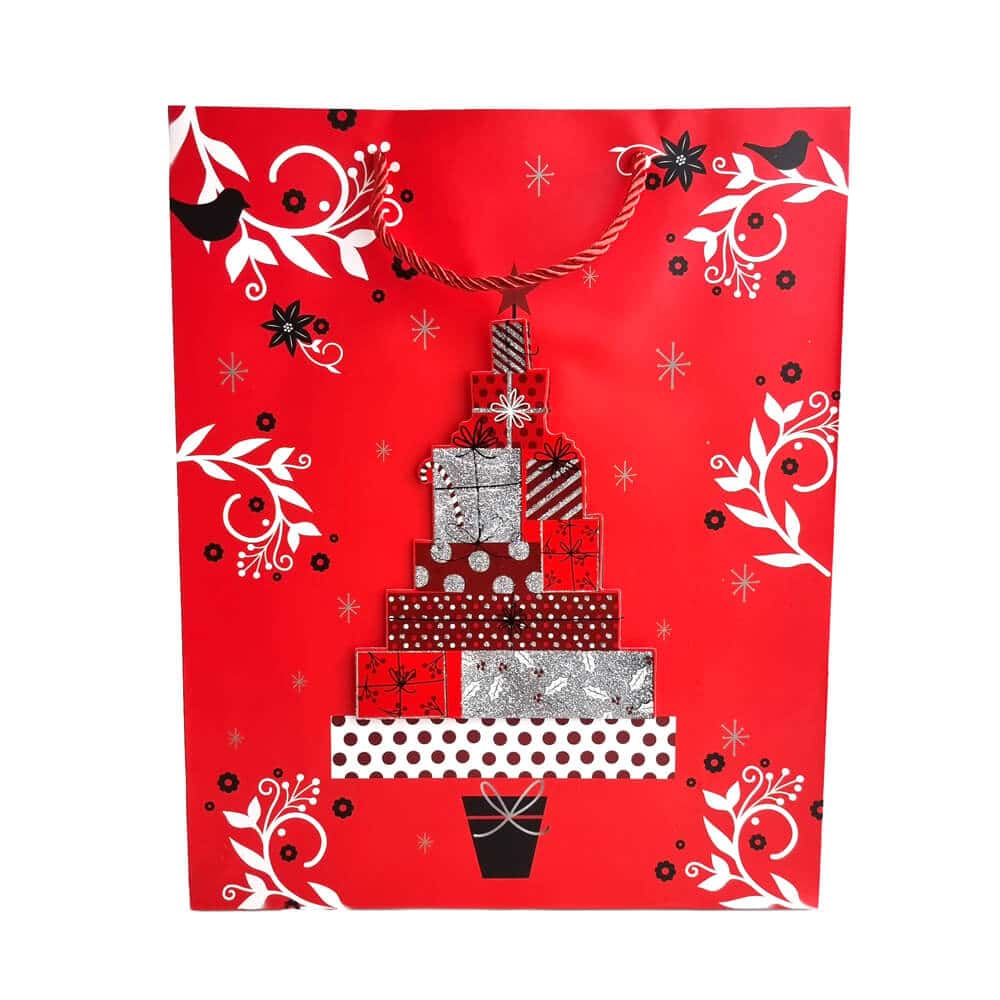 Pungi cadou Crăciun roșii 3D cu slipici model aleatoriu (set 12 buc)