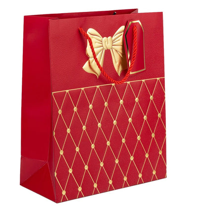 Pungi cadou cu mâner model fundă și romburi aurii 18x23x10cm - roșu (set 12 buc)