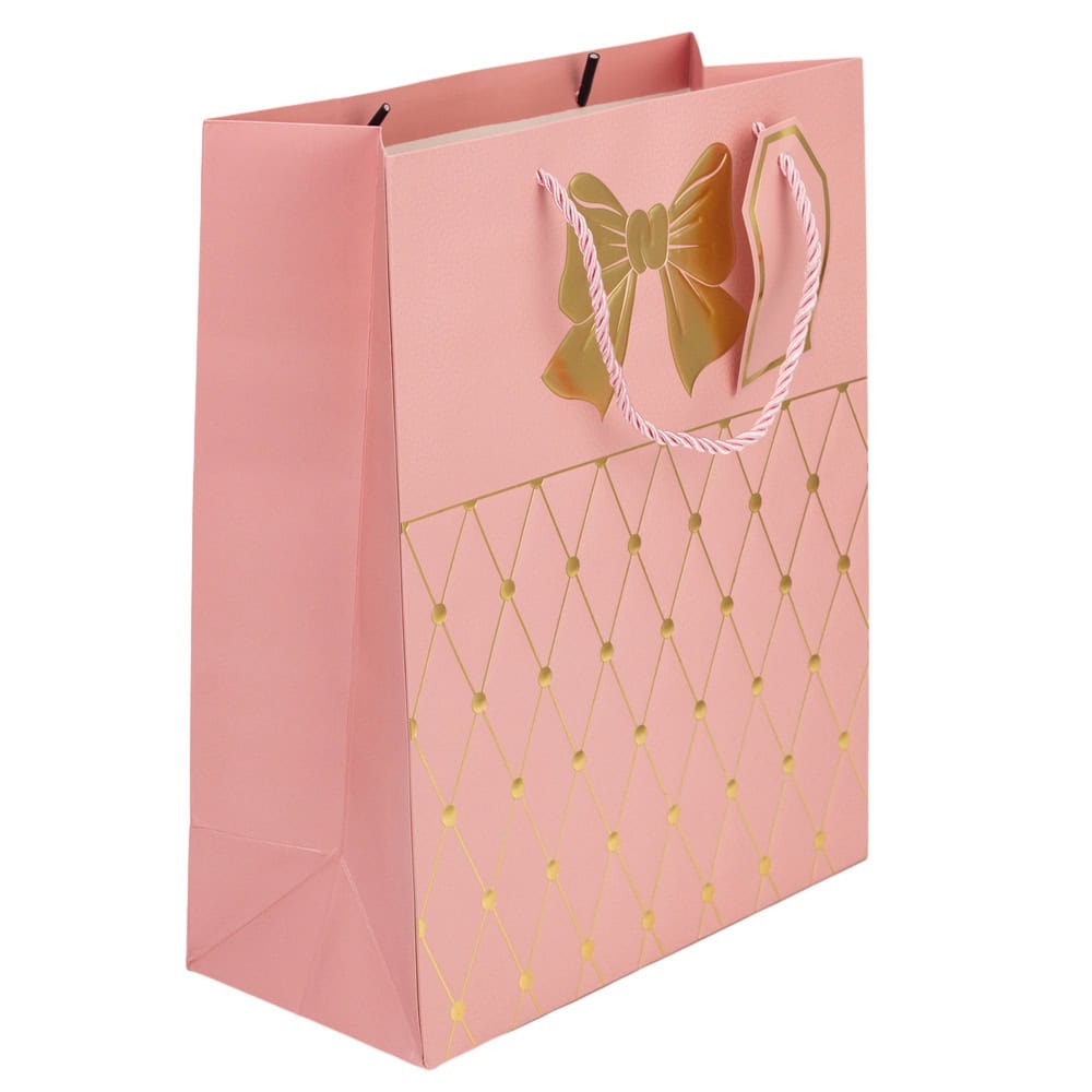 Pungi cadou cu mâner model fundă și romburi aurii 18x23x10cm - roz (set 12 buc)
