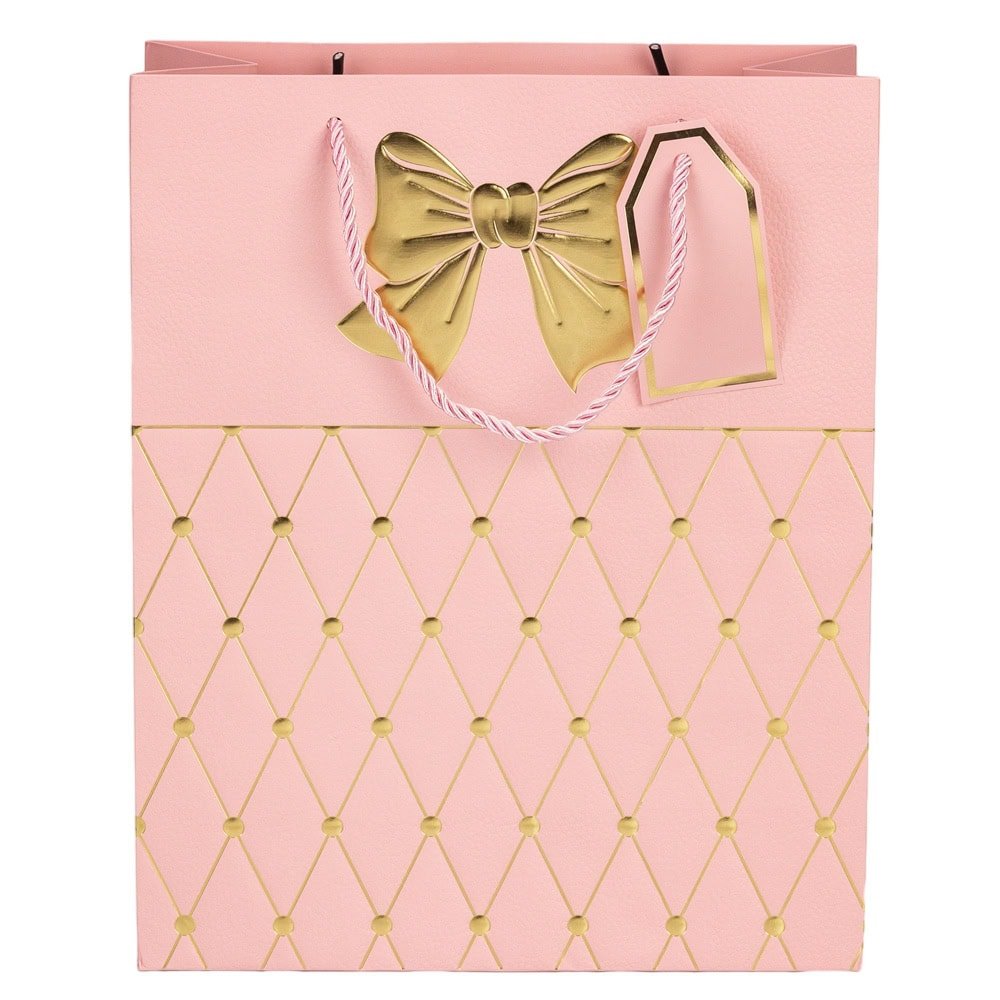Pungi cadou cu mâner model fundă și romburi aurii 18x23x10cm - roz (set 12 buc)