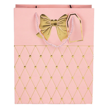 Pungi cadou cu mâner model fundă și romburi aurii 18x23x10cm - roz (set 12 buc)