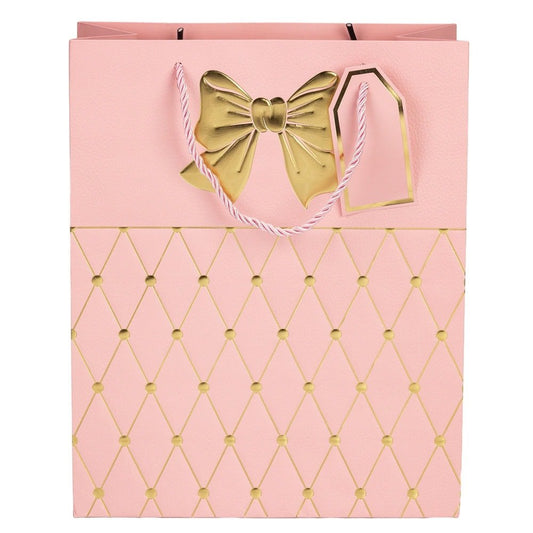 Pungi cadou cu mâner model fundă și romburi aurii 18x23x10cm - roz (set 12 buc)