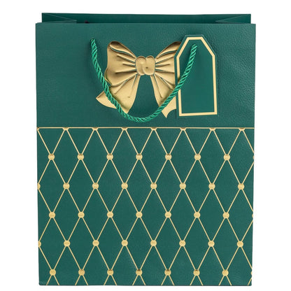 Pungi cadou cu mâner model fundă și romburi aurii 18x23x10cm - verde închis (set 12 buc)