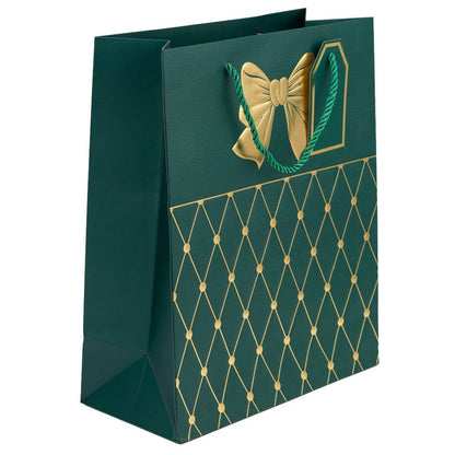 Pungi cadou cu mâner model fundă și romburi aurii 26x32x12cm - verde închis (set 12 buc)