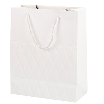 Pungi cadou cu mâner model fundă și romburi aurii 31x42x12cm - alb (set 12 buc)