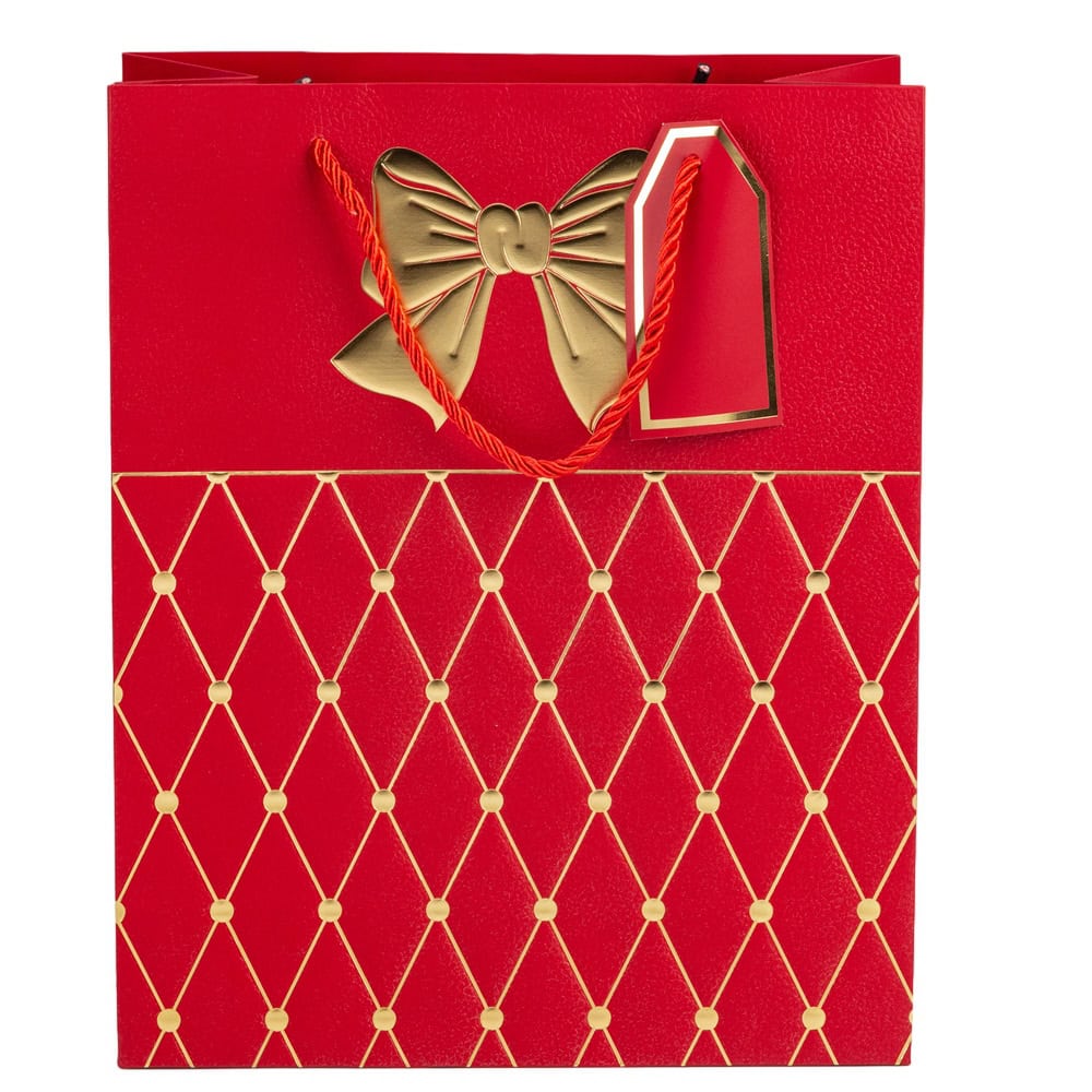 Pungi cadou cu mâner model fundă și romburi aurii 31x42x12cm - roșu (set 12 buc)