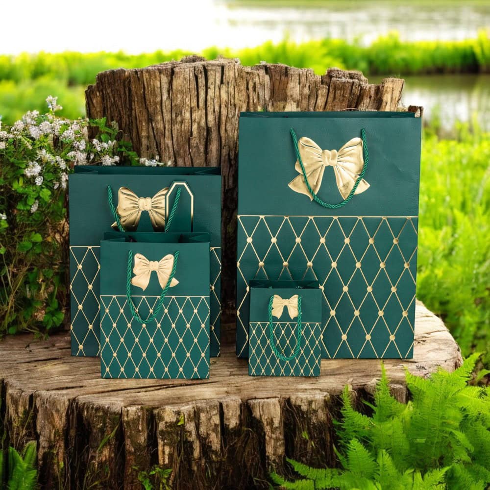 Pungi cadou cu mâner model fundă și romburi aurii 31x42x12cm - verde închis (set 12 buc)