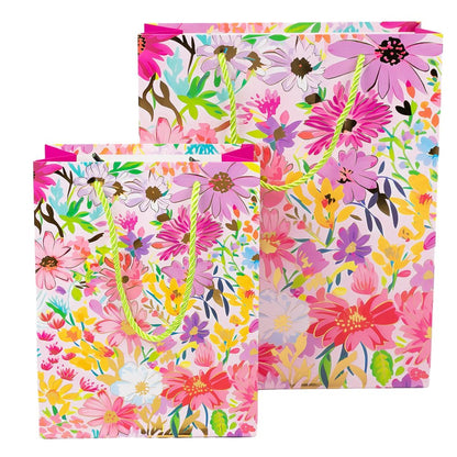 Pungi cadou cu model floral și dungă aurie, mix 4 modele (set 12 buc)