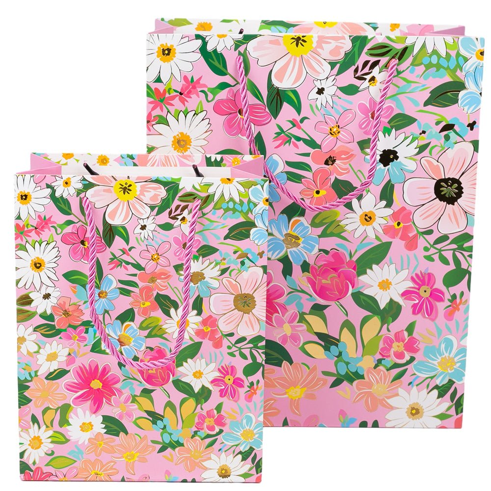 Pungi cadou cu model floral și dungă aurie, mix 4 modele (set 12 buc)