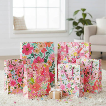 Pungi cadou cu model floral și dungă aurie, mix 4 modele (set 12 buc)