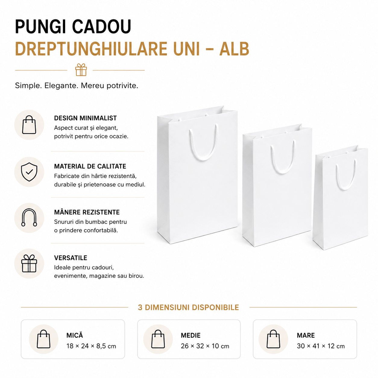 Pungi cadou dreptunghiulare uni - alb (set 12 buc)