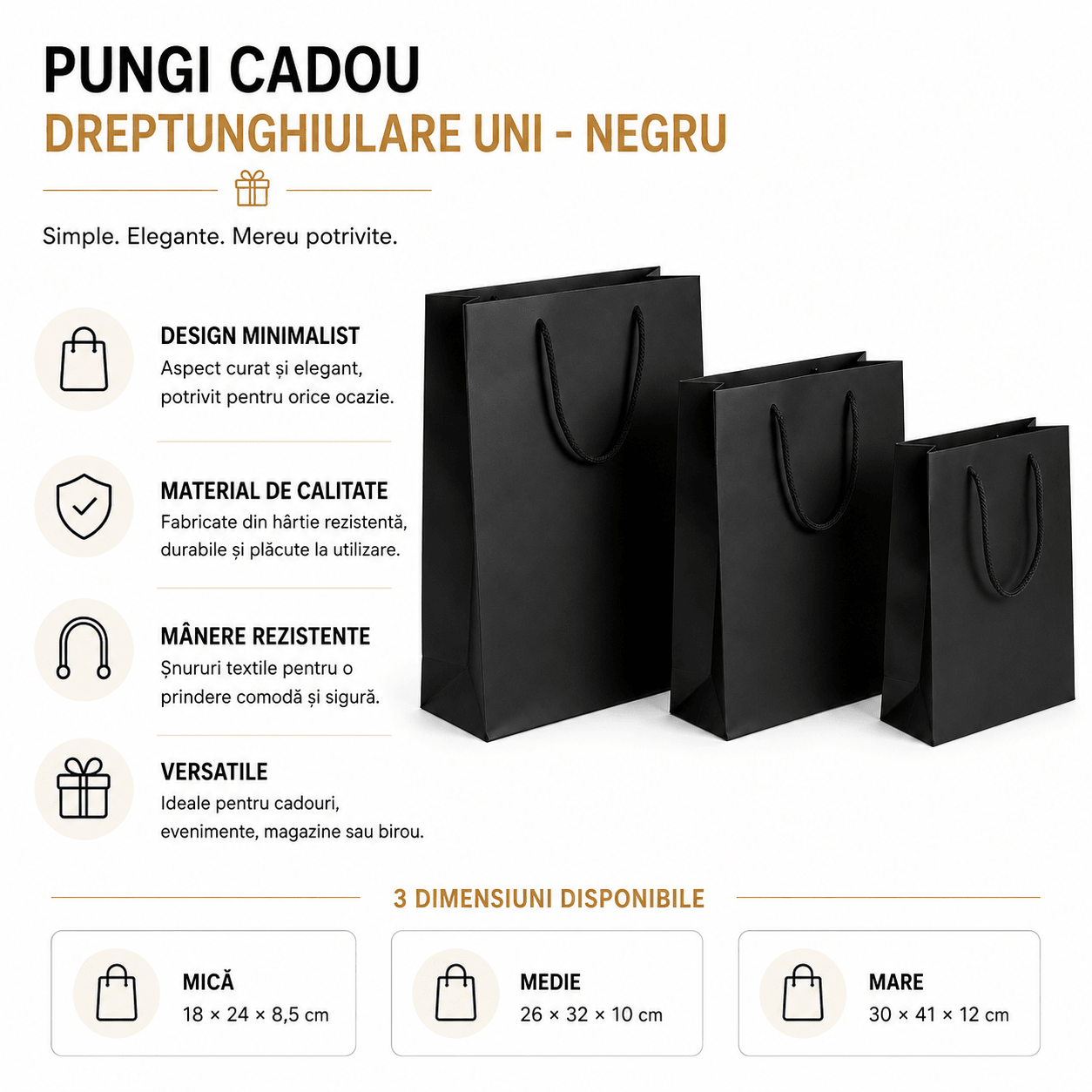 Pungi cadou dreptunghiulare uni - negru (set 12 buc)