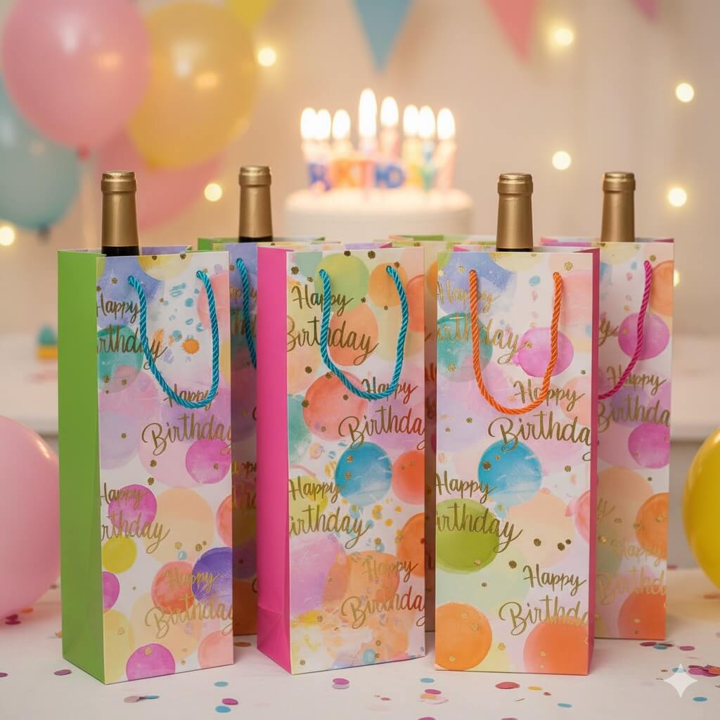 Pungi colorate pentru sticle cu mesaj Happy Birthday, mix 4 modele (set 12 buc)