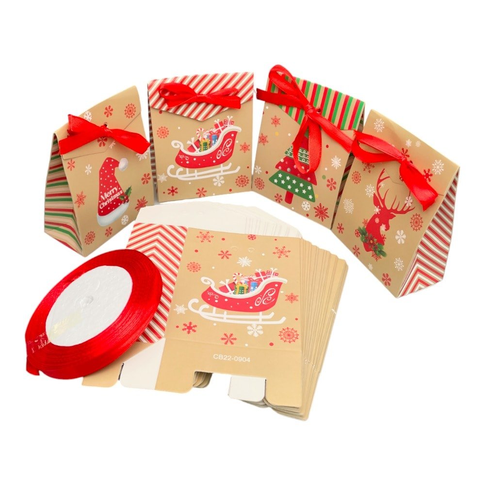 Pungi Crăciun cu panglică satin mix 4 modele (set 24 buc) 4x8x10cm