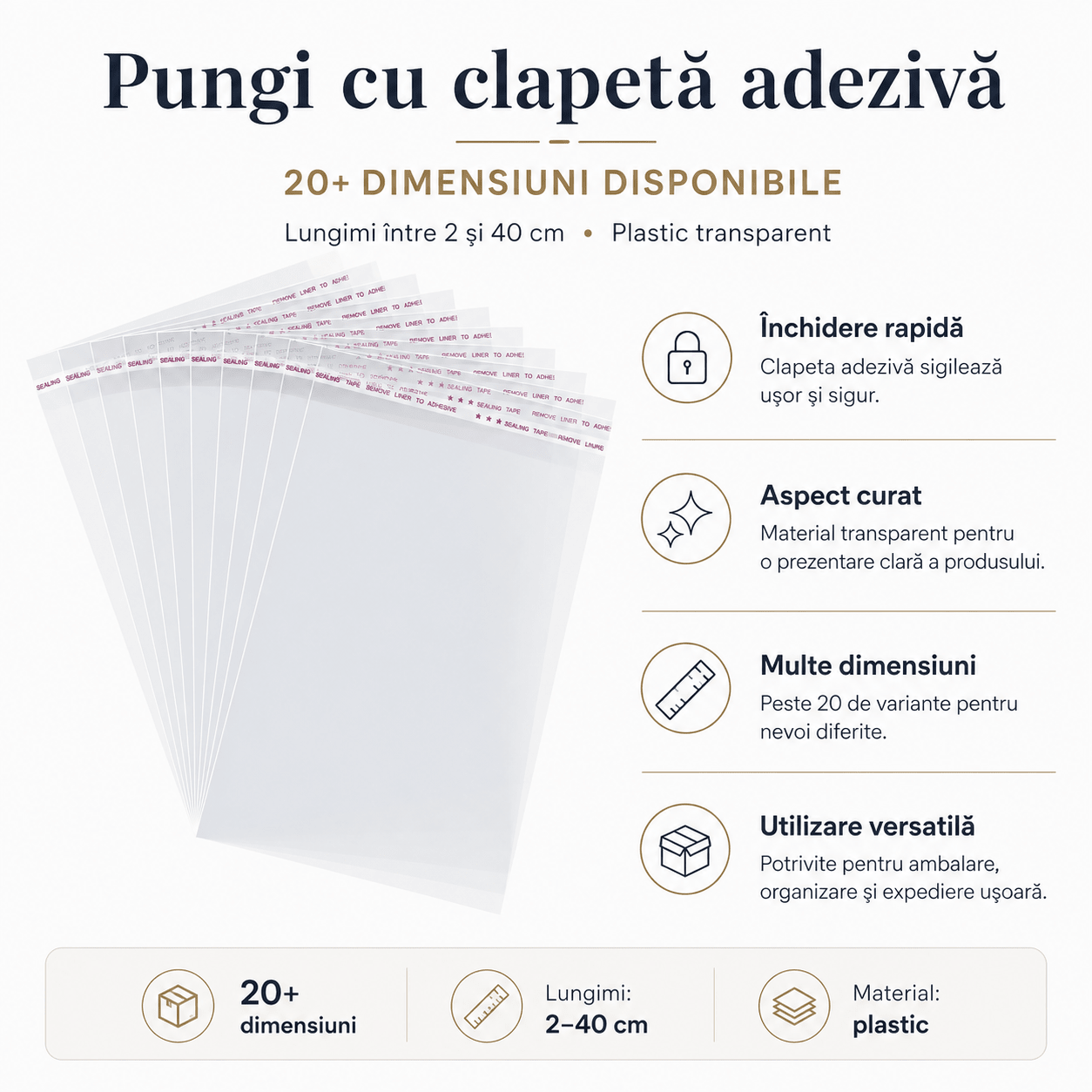 Pungi cu clapetă adezivă - lungimi între 2 și 40cm (set 1000 buc)