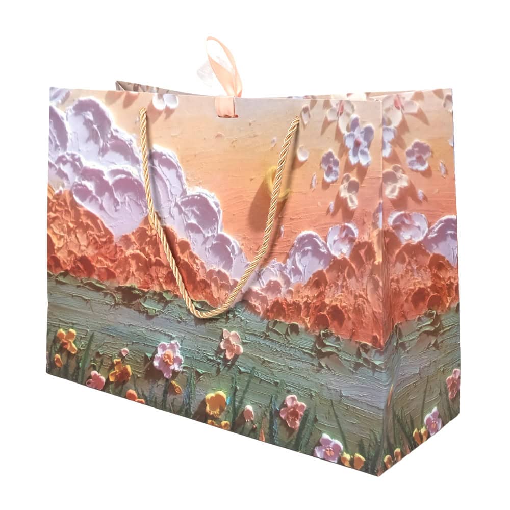 Pungi design pictură 3D cu mâner, fundă satinată și organza - portocaliu (set 12 buc)