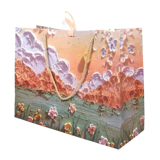 Pungi design pictură 3D cu mâner, fundă satinată și organza - portocaliu (set 12 buc)