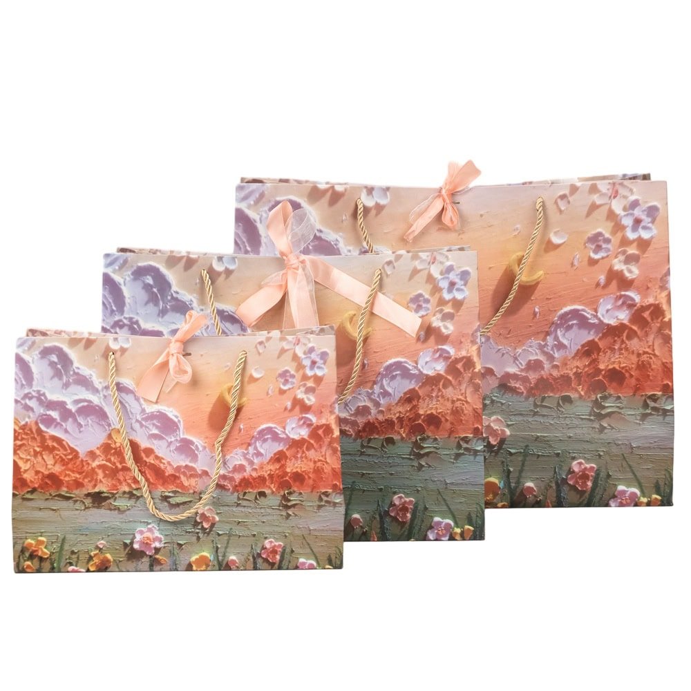 Pungi design pictură 3D cu mâner, fundă satinată și organza - portocaliu (set 12 buc)