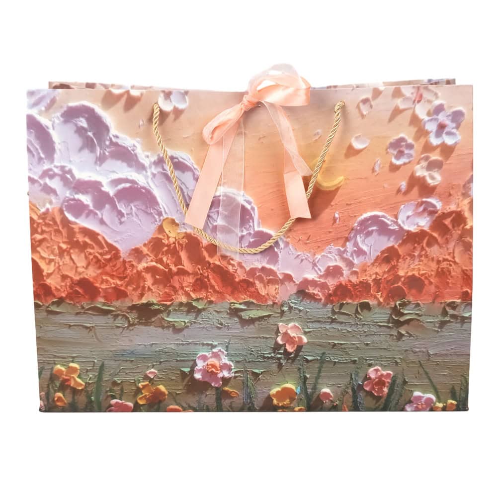 Pungi design pictură 3D cu mâner, fundă satinată și organza - portocaliu (set 12 buc)