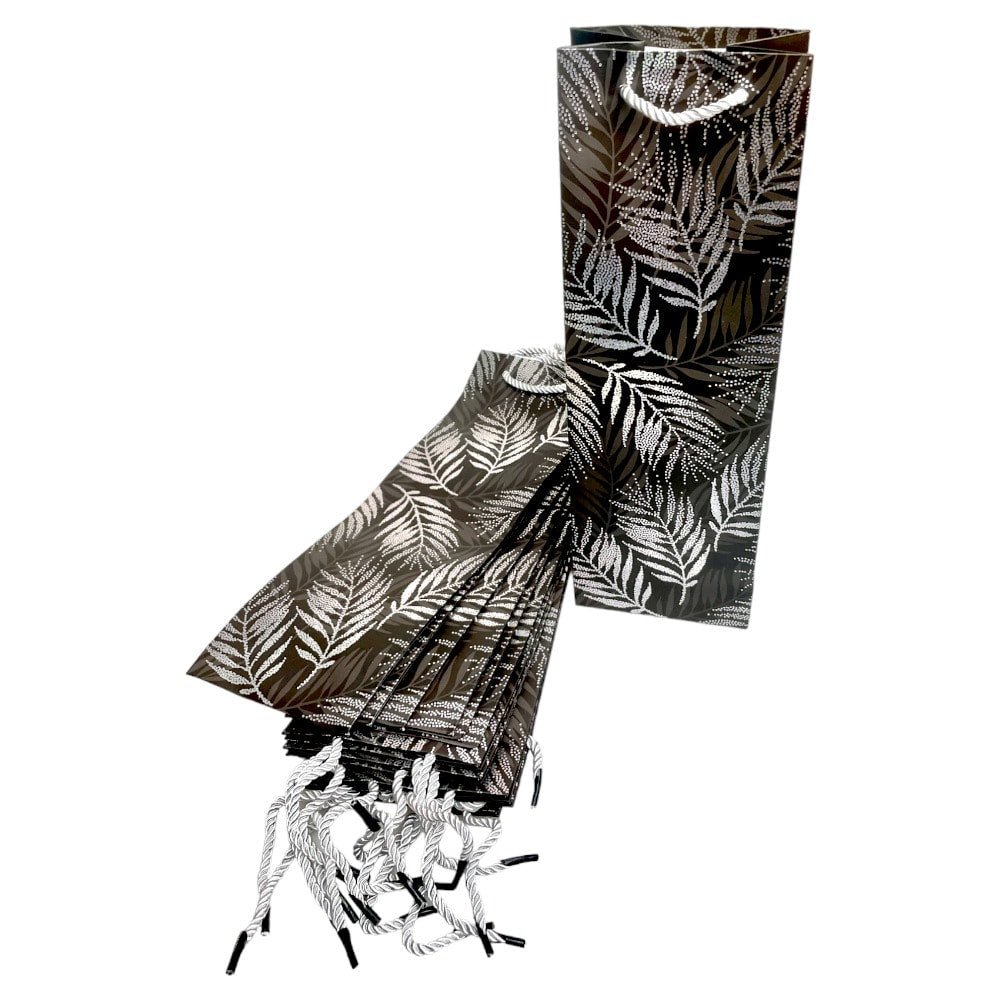 Pungi din hârtie pentru sticle model frunze - negru (set 12 buc) 36x9x12cm