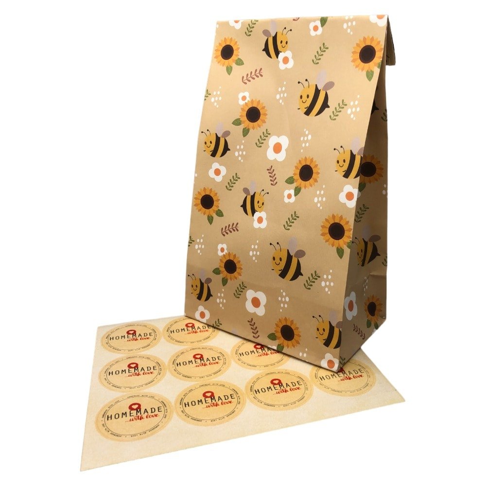 Pungi dreptunghiulare cu model albinuțe și sticker - bej (set 25 buc) 24x13x8cm