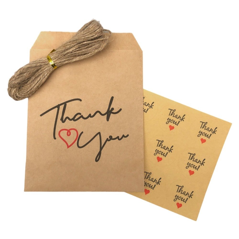 Pungi dreptunghiulare cu sfoară și sticker model Thank You (set 25 buc) 13x18cm
